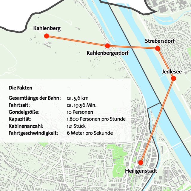 Die geplante Trasse der Seilbahn. Ursprünglich war ein Halt auf der Donauinsel geplant, doch der ist aus wasserschutzrechtlichen Gründen nicht möglich. | Foto: Plan: APA, Grafik: Knoll