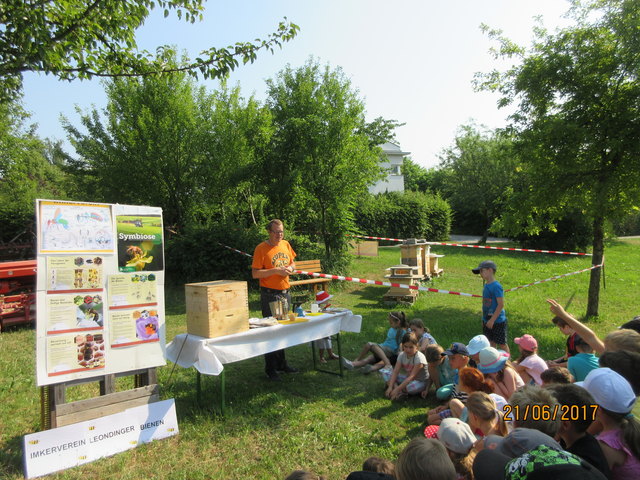 Die Kinder der Volkschule Doppl am "Tag des offenen Bienenstocks" beim Imkerreiverein Leonding.