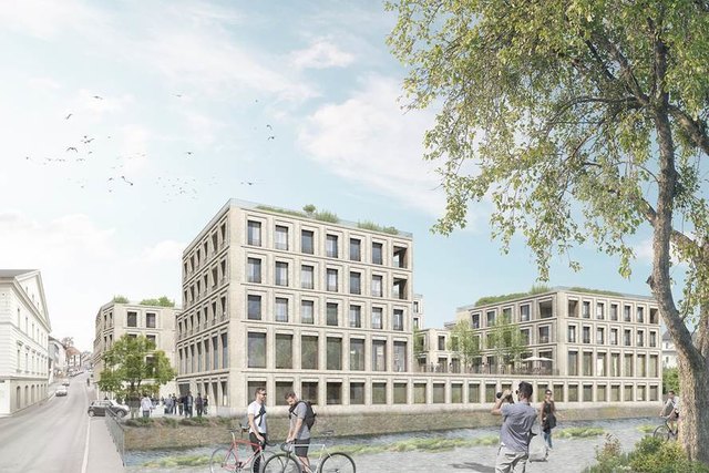 Das Riepl-Großprojekt an der Gusen in Gallneukirchen: 35 Wohnungen, 2.800 Quadratmeter Büroflächen und 13 neue Geschäfte werden die Gallneukirchner Innenstadt bereichern. | Foto: Riepl Gallneukirchen