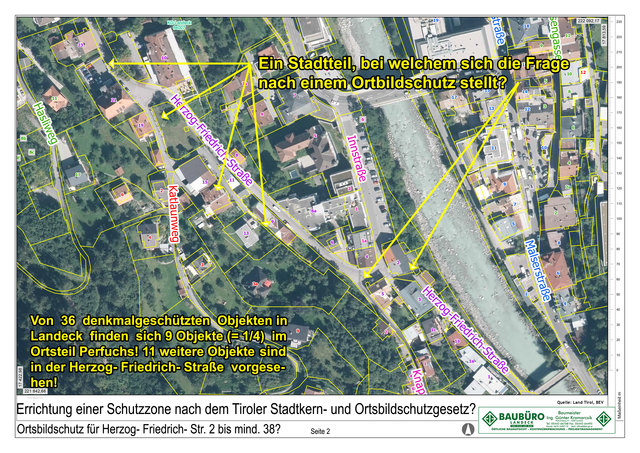 Seite 2 vom Sammelband: Lageplan von der Gerberbrücke bis Herzog Friedrich Straße HNr. 10 (Hotel Sonne) bzw. HNr. 19, 21 + 23 (Gerburg).  | Foto: © Copyright Ing. Günter Kramarcsik für eigene Bearbeitung. Luftbild von Tiris übernommen.