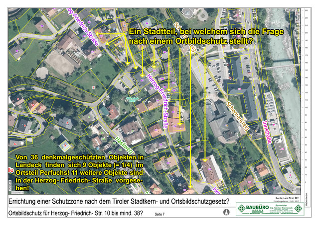 Seite 7 aus dem Sammelband: Lageplan von Hotel Sonne bis Herzog Friedrich Straße HNr. 38.  | Foto: © Copyright Ing. Günter Kramarcsik für die eigene Bearbeitung. Luftbild von Tiris übernommen.