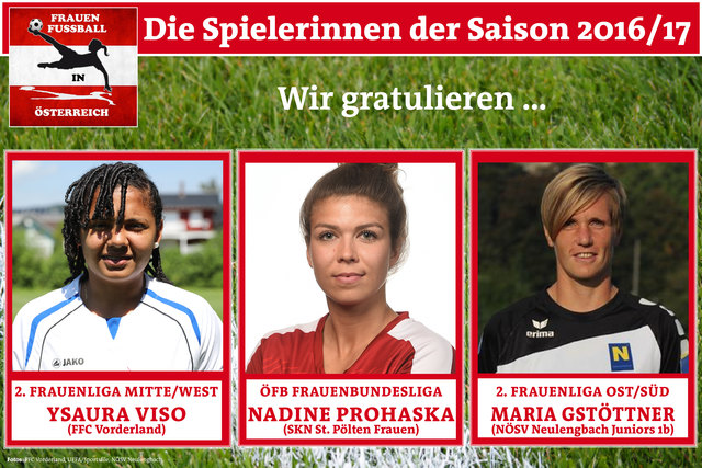 Die Spielerinnnen der Saison: Ysaura Candelaria Viso Garrido (2. Frauenliga Mitte/West), Nadine Prohaska (ÖFB Frauenbundesliga), Maria Gstöttner (2. Frauenliga Ost/Süd)