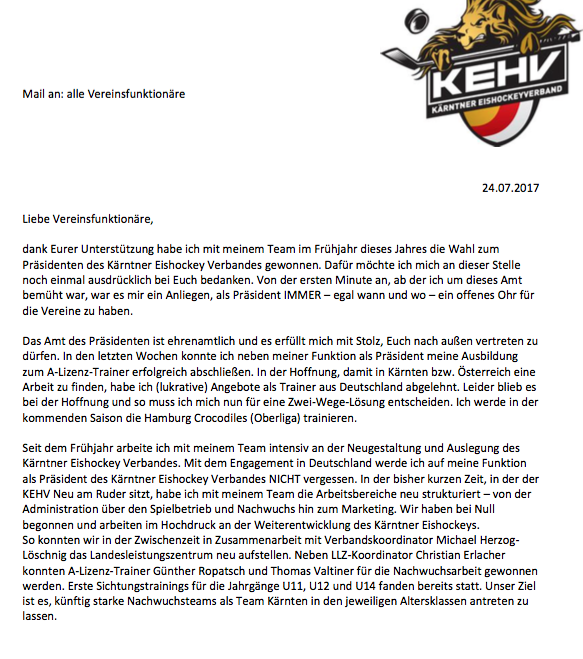 Hohenbergers Schreiben an die Kärntner Vereinsfunktionäre liegt der WOCHE vor