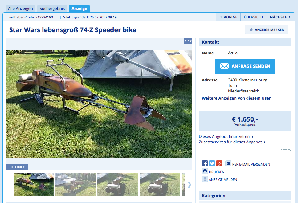Dieses Star Wars Speeder Bike kann online erworben werden.