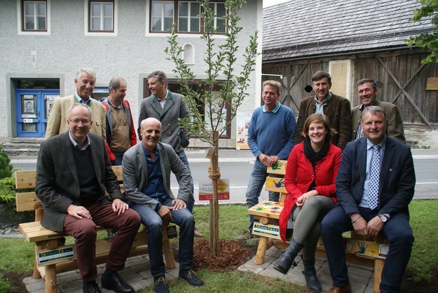 Begegneten sich am neuen Begegnungsbankerl in St. Michael (vorne v.l.): Bgm. Manfred Sampl (St. Michael), Bgm. Reinhard Radebner (Göriach), Künstlerin Julia Füreder, Bgm. Georg Gappmayer (Tamsweg); hinten v.l.: Helmut Mödlhammer (Gemeindebundpräsident a. D.), Unternehmer Stefan Ritzer, Josef Fanninger (Regionalverband Lungau), Rudi Tautermann (Gärtnerei Tautermann), Bgm. Valentin König (Thomatal), Georg Dygruber (Lebenswerte Gemeinde).