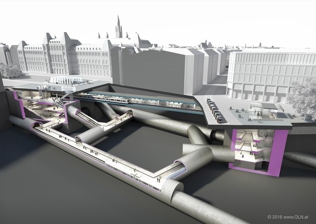 Öffi-Zukunft: Im Moment wird das Grundwasser beim Rathaus erforscht. Ab 2023 soll hier die U2 auf die U5 treffen. | Foto: Grafik: Arch Mossburger/data.wien.gv.at