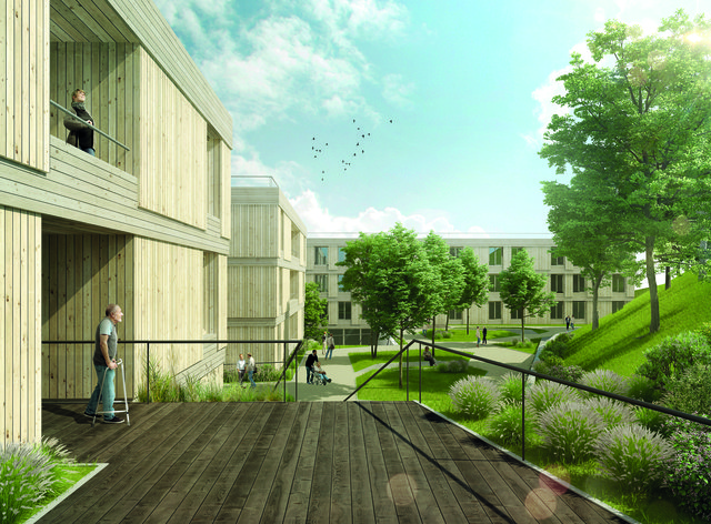 Der Therapiegarten soll leicht zugänglich sein – auch für Bewohner, die nicht mehr gut zu Fuß sind. | Foto: Salvi Weber Architekten, Miss3