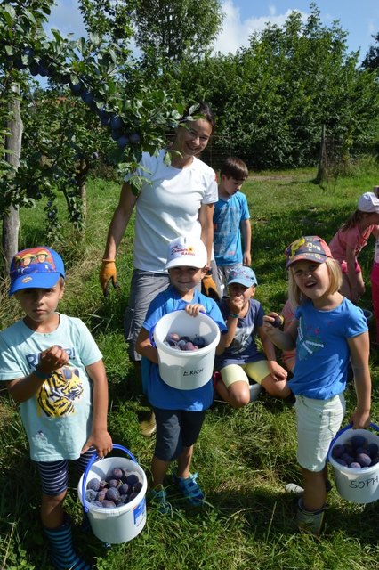 Stolz präsentieren die Kinder ihre gepflücken Früchte.