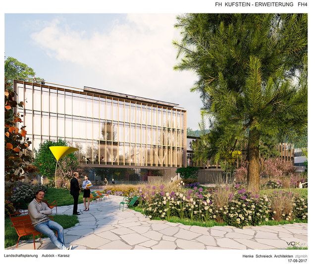 Blick auf Bauteil IV und Bauteil I (hinten rechts), inklusive Impression einer großzügigen Park-Gestaltung. | Foto: Landschaftsplanung Auböck - Karasz / Henke Schreieck Architekten ZT GmbH