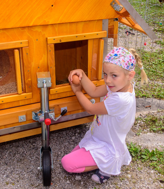 Marie (6) am fahrbaren Hühnerstall von Franz Langeder aus Nußbach.