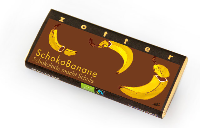 "Schokolade macht Schule" - Die neue Zotter-Kreation mit Bananenfüllung und Himberrschokoschicht hilft arbeitenden Kindern in Peru.