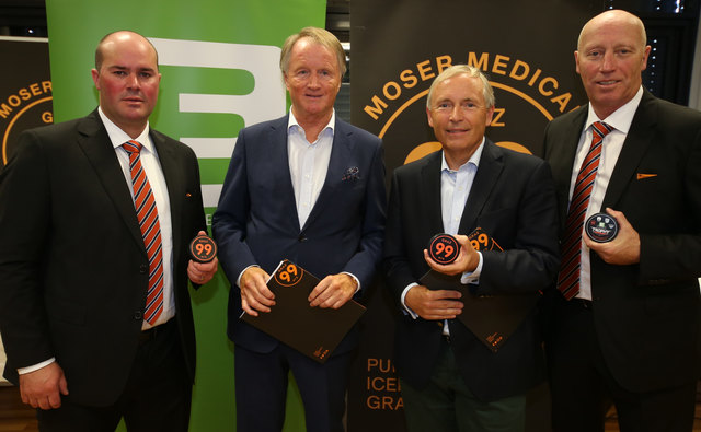 Vorfreude auf das Turnier bei Tormanncoach Jeff Battah, Präsident Jochen Pildner-Steinburg, Christian Purrer (Energie Steiermark) und Head Coach Doug Mason. | Foto: GEPA
