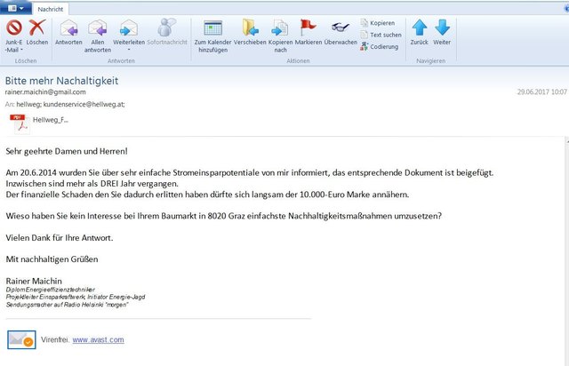 Die letzte E-Mail gab es dann am 29.6.2017 an Hellweg...