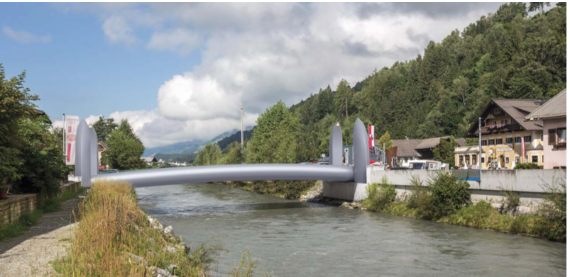 Eine noch nicht konkrete Visualisierung der Brücke. Wie die Pylonhüllen an den vier Ecken des Bauwerkes aussehen werden, steht noch nicht fest.