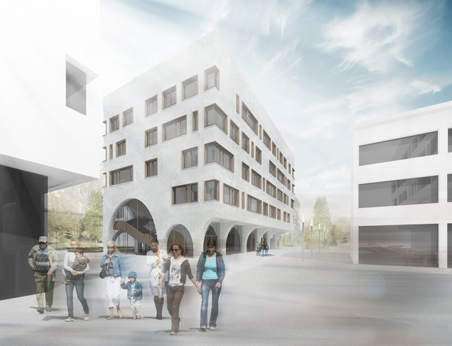 Die Visualisierung der Außenansicht von Haus D an der PMU Salzburg. | Foto: Berger+Parkkinen Architekten