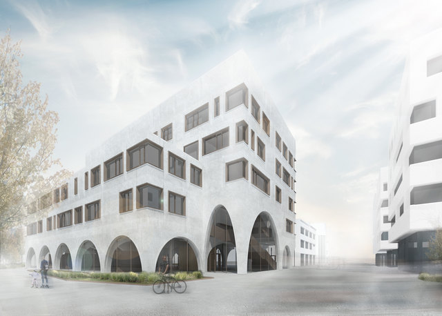 Die Visualisierung der Außenansicht von Haus D an der PMU Salzburg. | Foto: Berger+Parkkinen Architekten