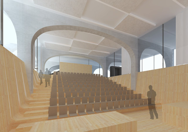 Visualisierung des Hörsaals im Haus D der PMU in Salzburg. | Foto: Berger+Parkkinen Architekten