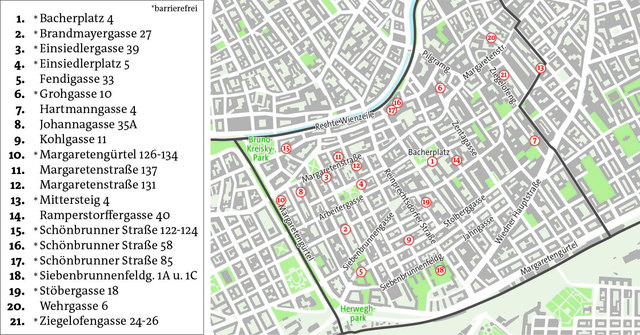 An diesen 21 Adressen quer durch den fünften Bezirk findet am 30. September von 11 bis 17 Uhr im Innenhof ein Flohmarkt statt.