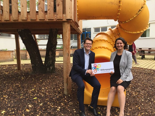 Bildungsstadtrat Jürgen Czernohorszky (SPÖ) und Bezirksvorsteherin Mickel-Göttfert (ÖVP) rufen das "Bildungsgrätzel Josefstadt" aus.