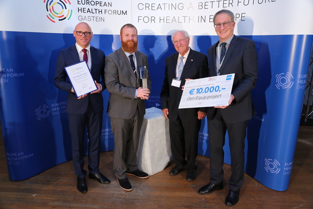 Christian Marihart, FOPI; Leigh Jackson, Gen-Equip Project; Günther Leiner, EHFG-Ehrenpräsident, Peter Brosch, BMGF. | Foto: Andreas Steger/framez