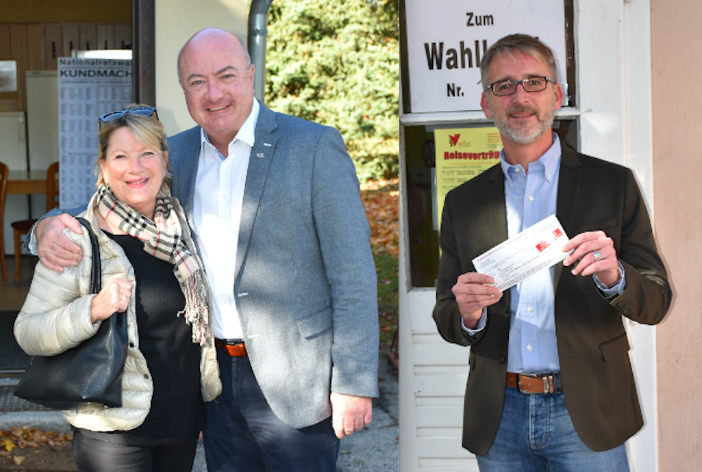 Gerda und Christian Stocker vorm Afritschheim-Wahllokal, Jürgen Konecny (r.) vorm Wahllokal in der Musikschule Herzog-Leopold-Straße.