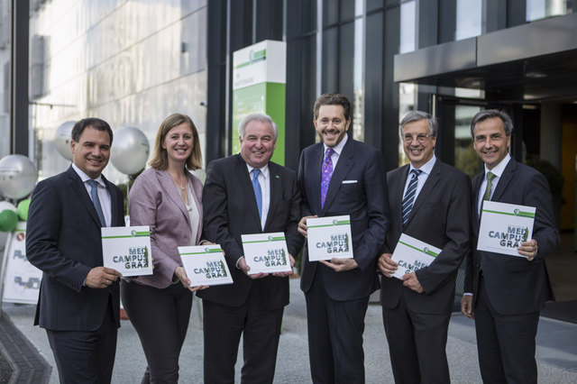 Neuer Campus: Schickhofer, Eibinger-Miedl, Schützenhöfer, Mahrer, Samonigg und Nagl (v. l.) bei der Eröffnung des Med Uni Campus | Foto: Med Uni Graz
