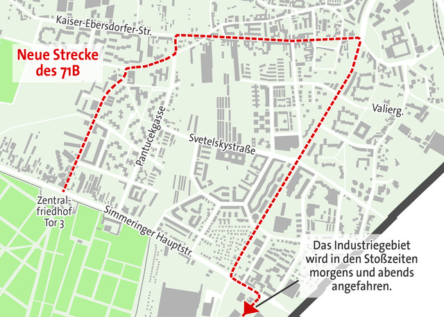 Der neue 71B fährt durch Kaiserebersdorf bis zum S-Bahnhof – und zu den Stoßzeiten auch ins Industriegebiet. | Foto: APA/VHB
