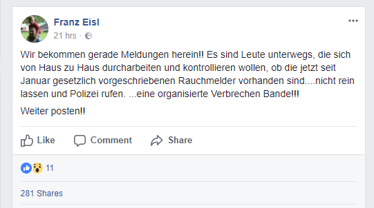 Die Meldung, welche über Eisls-Facebook-Account geposted wurde, war schon über 280 Mal geteilt worden.