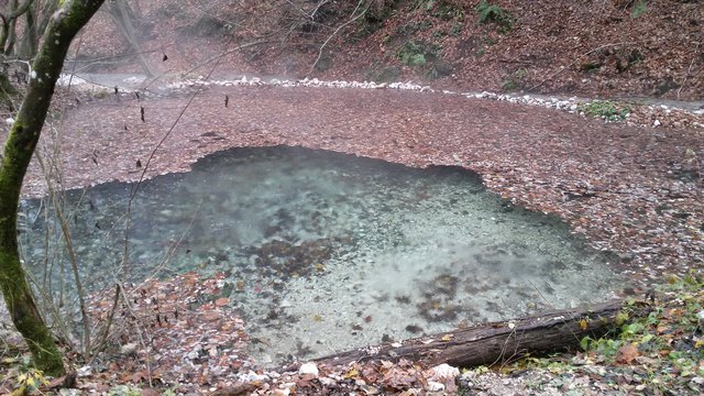 das obere Naturbecken beim Maibacherl in Warmbad Villach ist noch voll Laub. Aber langsam füllt es sich mit warmen Thermalwasser und erwartet die Badegäste.