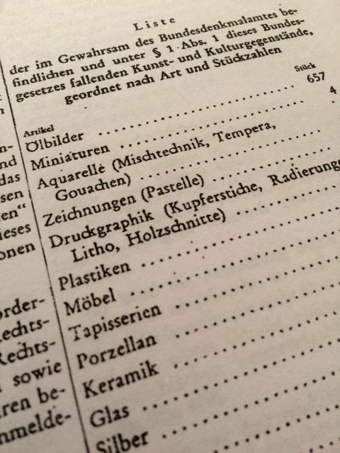 Auflistung der verschiedenen Arten der Kunst- und Kulturgegenstände vom Mauerbach-Bestand, die im Gewahrsam des Bundesdenkmalamtes waren, im Bundesgesetzblatt vom 14. August 1969: "294. Bundesgesetz: Bereinigung der Eigentumsverhältnisse des im Gewahrsam des Bundesdenkmalamtes befindlichen Kunst- und Kulturgutes." (74. Stück, Nr. 294/1535) | Foto: Cornelia Grobner