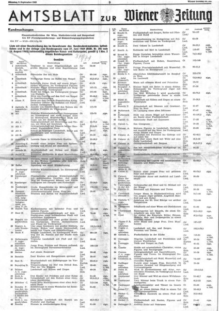 Erste Seite der Auflistung des Mauerbach-Bestands in der Wiener Zeitung vom 2. September 1969. | Foto: IKG
