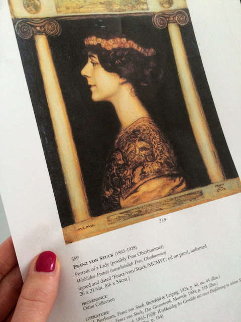 Aus dem Katalog zur Mauerbach-Auktion vom Oktober 1996. Auf Seite 267 wird dieses von Franz von Stuck signierte Gemälde (66x54 cm) beschrieben. Der Wert ist mit ATS 110.000-160.000 angegeben. | Foto: Cornelia Grobner