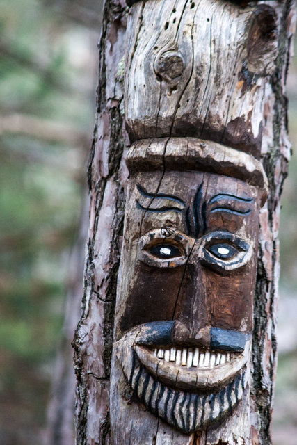 Bild 011: in Baumstamm geschnitzte Maske. Nun folgen die ersten Christbäume. © Ing. Günter Kramarcsik
