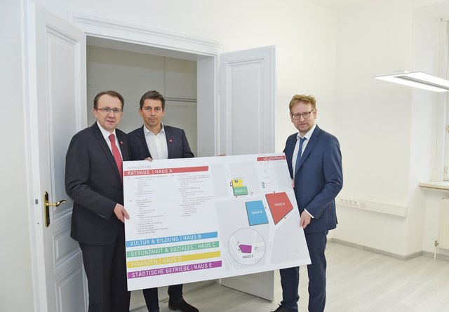 Bürgermeister Matthias Stadler, der Leiter der Stabsabteilung Zukunftsentwicklung, Wirtschaft und Marketing Christoph Schwarz und Magistratsdirektor Thomas Dewina präsentieren den neuen Rahtausbezirk und das Leitsystem zur besseren Orientierung. | Foto: Josef Vorlaufer