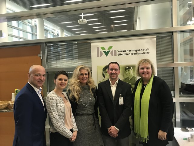 v.l.n.r.: LV3 und FA-Vors. Robert Kugler, Diätologin Jennifer Frühwirth, Landesdir. der BVA f. Wien, NÖ und Bgld. Ingrid Kaindl, Marin Kollmann BVA und LV3 und FA-Vors.Stv. Adir. Brigitte Diettrich
