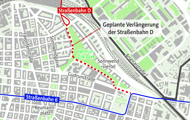 Vom Hauptbahnhof bis zur Grenze nach Simmering wird der D-Wagen geführt. Baubeginn: 2018.