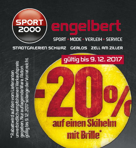 Auf Skihelme mit Brille gibt bei Sport 2000 Engelbert in en Stadtgalerien Schwaz, in Gerlos und Zell am Ziller einen Sonderrabatt von -20%. (**Aktion gültig bis 09.Dezember 2017)