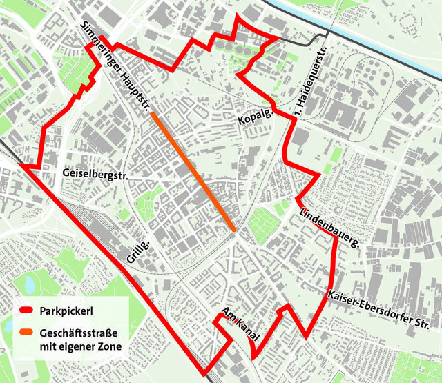 Der rot eingekreiste Bereich von Simmering wird zur Parkpickerl-Zone. Einführung: voraussichtlich 2018. | Foto: Plan: APA, Grafik: Scherzer