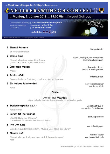 Programm für das Neujahrswunschkonzert, am 1. Jänner 2018 um 15:00 Uhr im Kursaal Gallspach.