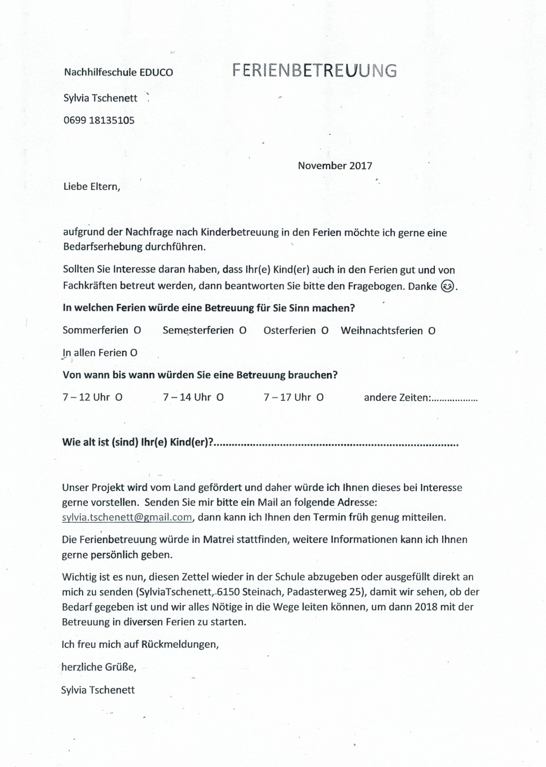 Formular Bedarfserhebung Kinderbetreuung