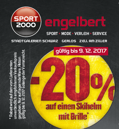 Auf Skihelme mit Brille gibt bei Sport 2000 Engelbert in en Stadtgalerien Schwaz, in Gerlos und Zell am Ziller einen Sonderrabatt von -20%. (**Aktion gültig bis 09.Dezember 2017)