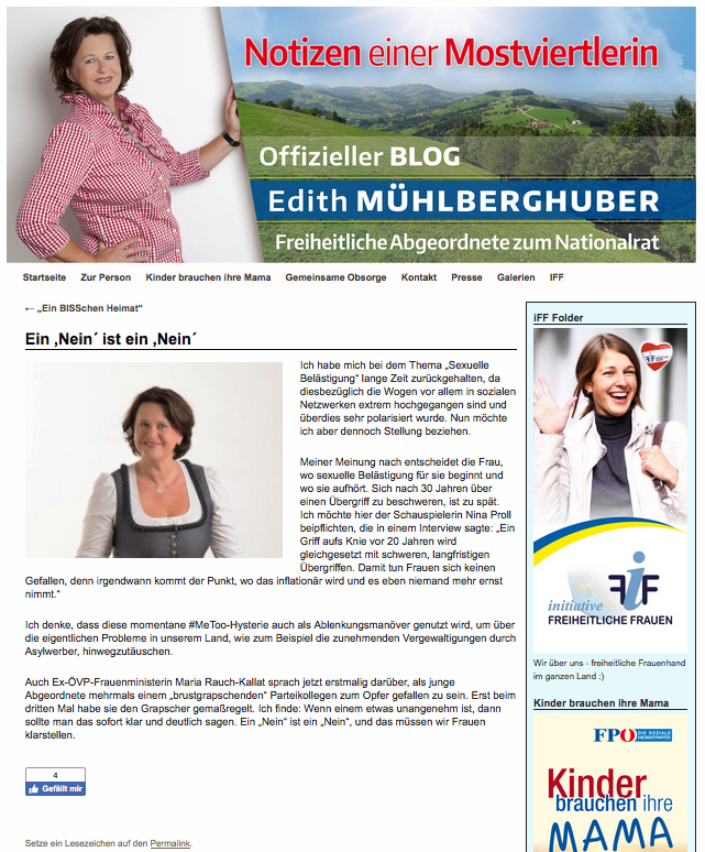 Die Internetseite der Nationalrätin mit der Stellungnahme zur MeToo-Bewegung und zu sexuellen Übergriffen ...