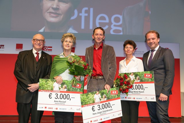 (v.l.) Vorstandsvorsitzender des Wiener Städtischen Versicherungsvereins und Präsident des Vereins PflegerIn mit Herz Dr. Günter Geyer, die PflegerInnen mit Herz aus der Steiermark Anna Hussauf, Hans Jürgen Gutenbrunner, Györgyi Molnar-Rausch und WKÖ-Fachverbandsobmann Andreas Herz | Foto: Verein PflegerIn mit Herz/Richard Tanzer