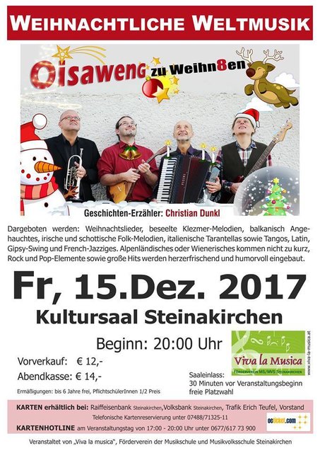 Die Band "Oisaweng" wird im Kultursaal in Steinakirchen am Forst mit Weltmusik für Weihnachtsstimmung sorgen.