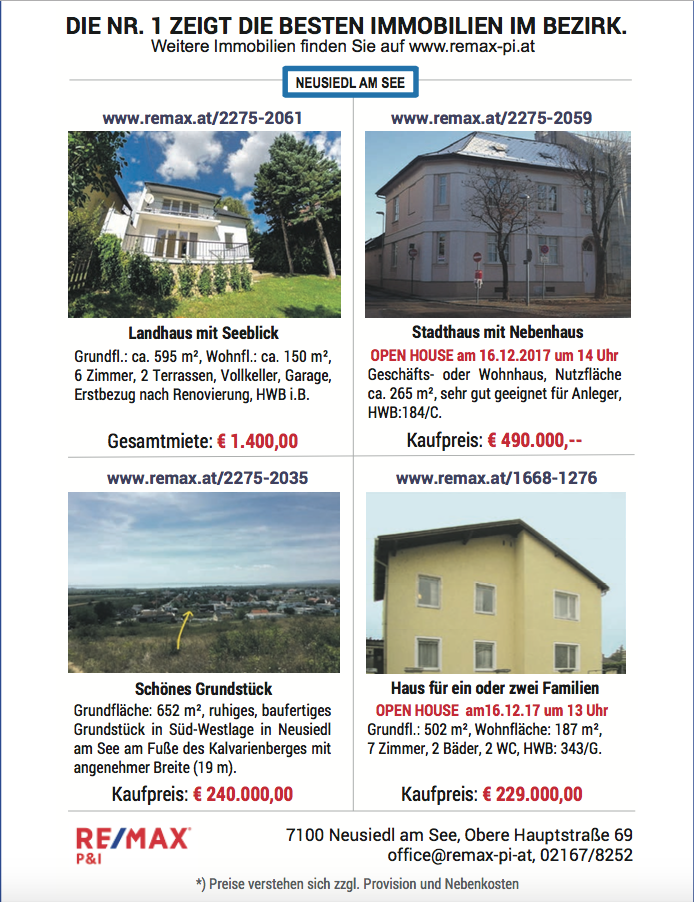 Die derzeit besten Immobilien im Bezirk Neusiedl am See.