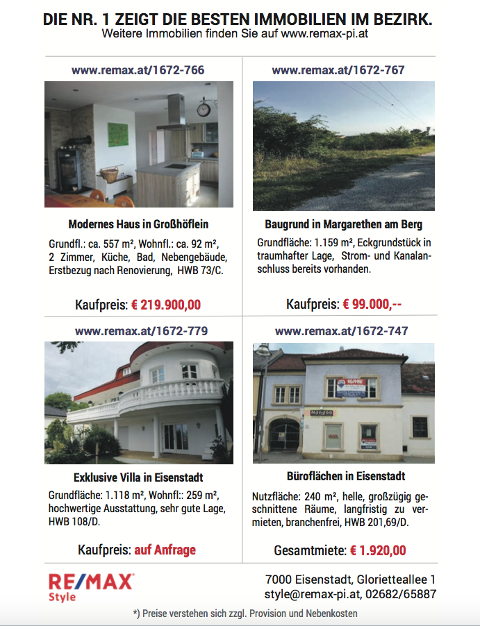 Die besten Immobilien in den Bezirken Eisenstadt/Umgebung und Mattersburg.