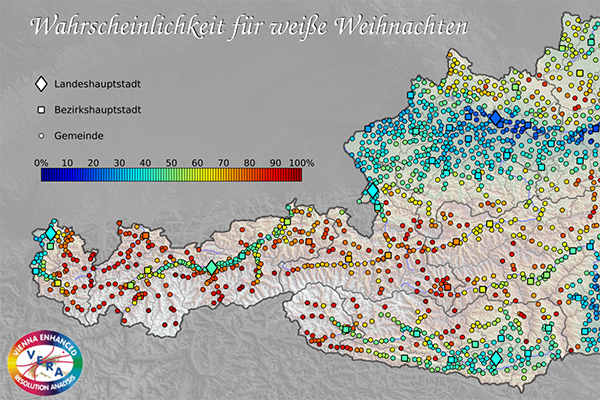 Die Experten von UBIMET und VERA haben uns mit Daten für das weihnachtliche Wetter versorgt. Wir haben daraus eine Karte gebastelt, mit der ihr herausfinden könnt, ob es in eurer Gemeinde verschneite Weihnachten geben wird.