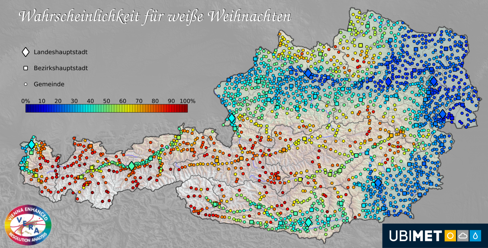 Die Experten von UBIMET und VERA haben uns mit Daten für das weihnachtliche Wetter versorgt. Wir haben daraus eine Karte gebastelt, mit der ihr herausfinden könnt, ob es in eurer Gemeinde verschneite Weihnachten geben wird.