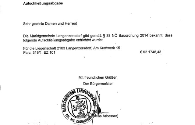 Eingabe der gemeinde Langenzersdorf über Bezahlung einer Aufschließungsabgabe für das geplante Logisitkzentrum - Auszug