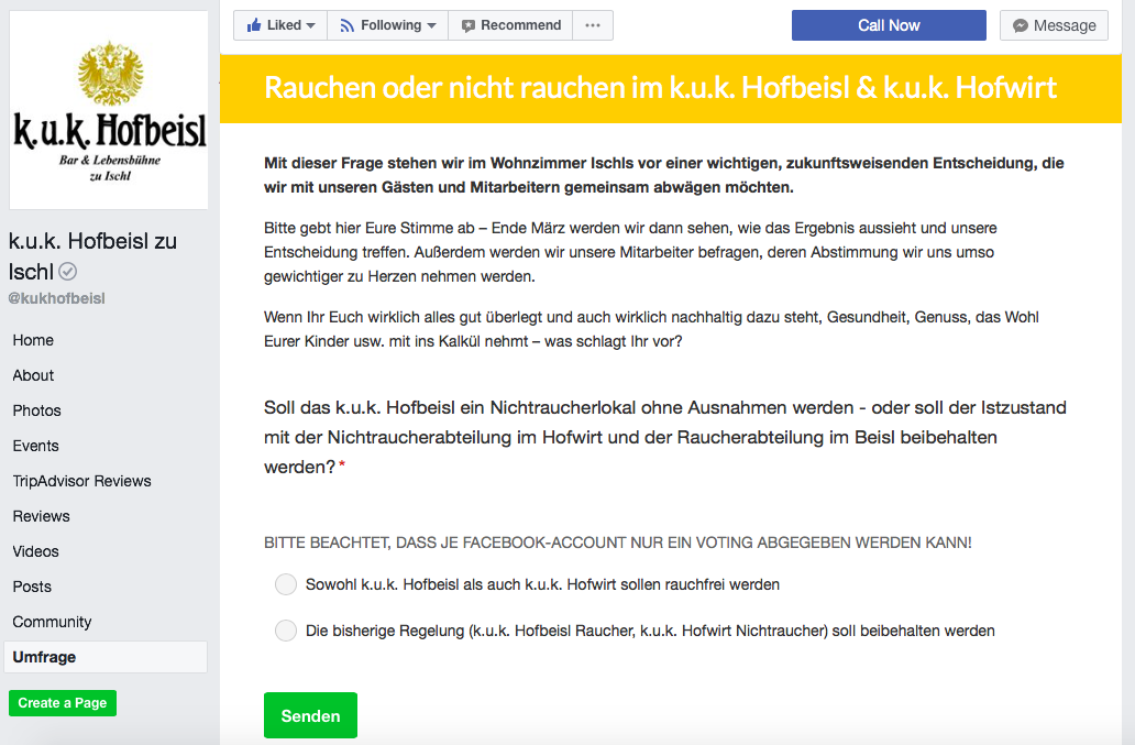 Via Facebook hat das k.u.k. Hofbeisl und Besitzer Max Hofbauer zum Voting aufgerufen.